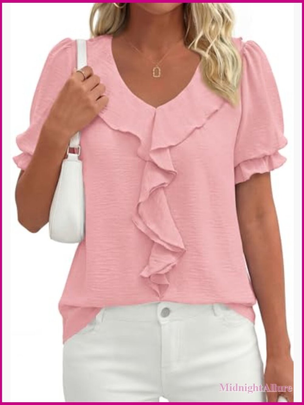 Puff Sleeve V Neck Ruffle Blouse - Short Sleeve Dressy Casual Top - Picture 5 of 7